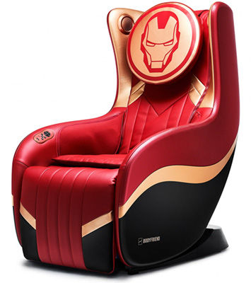 Hug Chair Iron Man variant with Iron Man logo on the neck cushion, speakers in the headrest, and control buttons on one arm