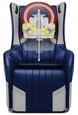Bodyfriend Hug Chair Captain America variant and an illustration of its massage rollers
