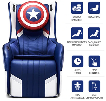 Bodyfriend Hug Chair 2.0 Captain America variant and an illustration of the chair's various features and functions