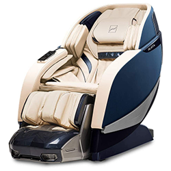 Bodyfriend Palace 2 with beige PU upholstery, dark blue, black, and silver exterior, and dark blue highlights on the seat