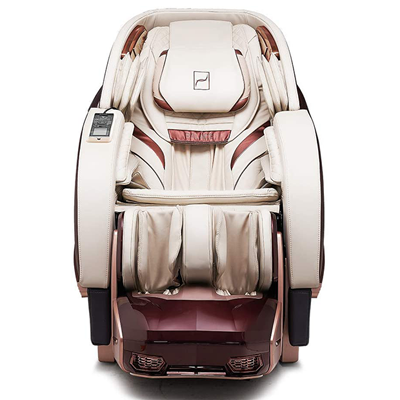 Palace II Massage Chair with cream PU upholstery, burgundy and rose gold exterior, and a remote with holder on one arm