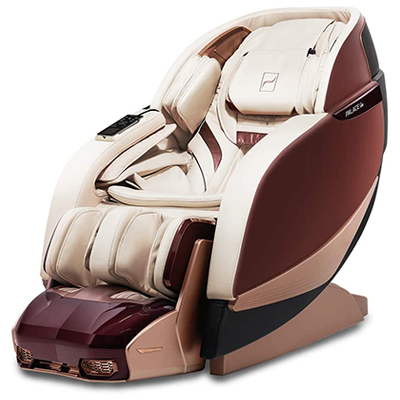 Palace Massage Chair with cream PU upholstery, burgundy and rose gold exterior, and a wired remote with holder on one arm