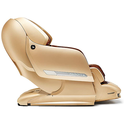 Pharaoh S 2 with dark brown genuine leather upholstery, gold hard shell exterior, and model name in silver on the side