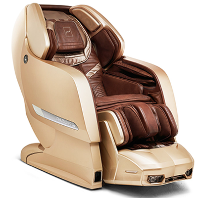 Pharaoh Massage Chair with dark brown genuine leather upholstery, gold exterior, and model name in silver on the side