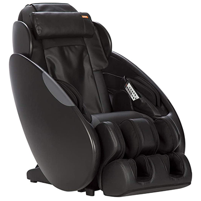 iJoy Total massage chair with black leather-like PU upholstery, a wired remote, and a small pillow on the headrest