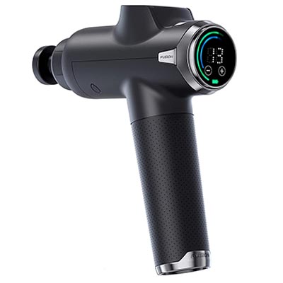 Fusion Black Pro Muscle Massage Gun with screen display showing battery percentage and massage intensity adjustment