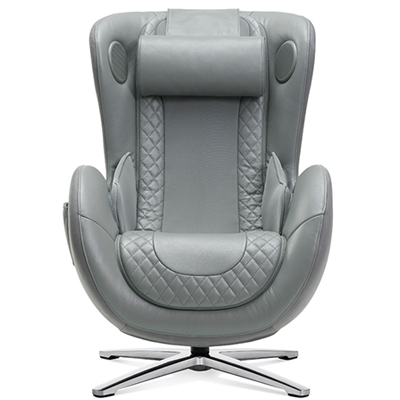 Nouhaus Chair with ash gray genuine leather upholstery, chromed steel base, thick neck cushion, and built-in speakers