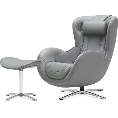 Nouhaus Classic Massage Chair and Ottoman with ash gray genuine leather upholstery and chromed steel base