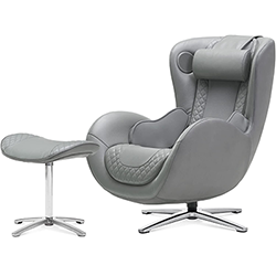 Nouhaus Massage Chair and Ottoman with ash gray genuine leather upholstery, gray fabric exterior, and chromed steel base