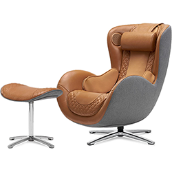 Nouhaus Massage Chair and ottoman with caramel genuine leather upholstery, gray fabric exterior, and chromed steel base
