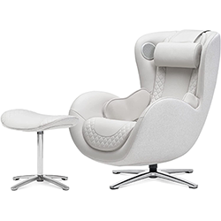 Nouhaus Massage Chair and ottoman with white genuine leather upholstery, white fabric exterior, and chromed steel base