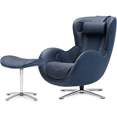 Nouhaus Massage Chair and ottoman with midnight blue genuine leather upholstery, blue fabric exterior, and steel base