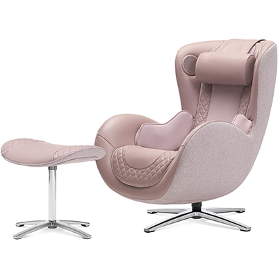 Nouhaus Massage Chair and Ottoman with pale rose genuine leather upholstery, pale rose fabric exterior, and steel base