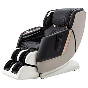 Amamedic Juno II with black PU upholstery, white, taupe, and rose gold exterior, and pouch for the remote