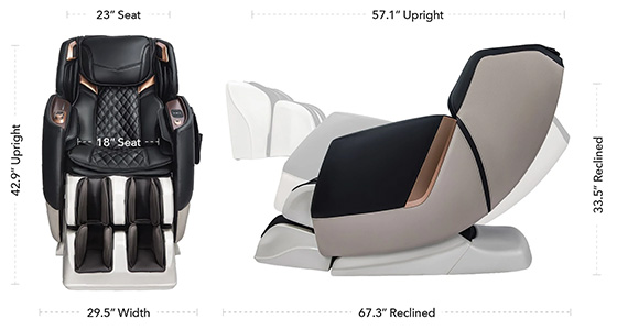 Osaki Amamedic Juno II black variant and its dimensions when sitting upright and when fully reclined