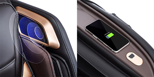 Juno II black variant with Bluetooth speakers on both sides of the headrest and a wireless charging pad with USB port