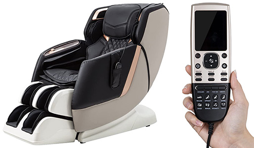 Juno II Massage Chair black variant and its old school wired remote with a small LCD screen and buttons