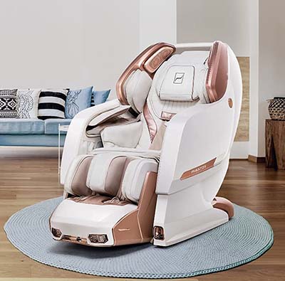 Phantom 2 Massage Chair white variant in the living room with white walls, blue sofa, blue carpet, and hardwood floor
