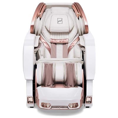 Phantom 2 Massage Chair with white faux leather upholstery, rose gold and white exterior, and rose gold highlights