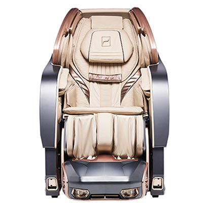 Bodyfriend Phantom with dark beige faux leather upholstery and dark silver and rose gold hard shell exterior