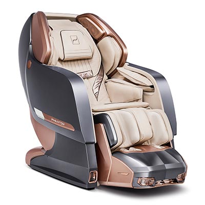 Phantom 2 Massage Chair with dark beige faux leather upholstery and dark silver and rose gold hard shell exterior