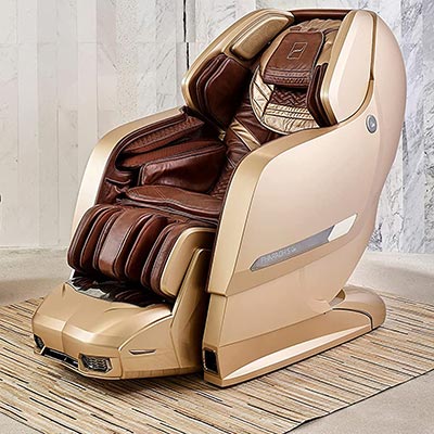 Pharaoh S II with brown genuine leather upholstery and gold exterior in a room with carpeted floor and white marble wallpaper