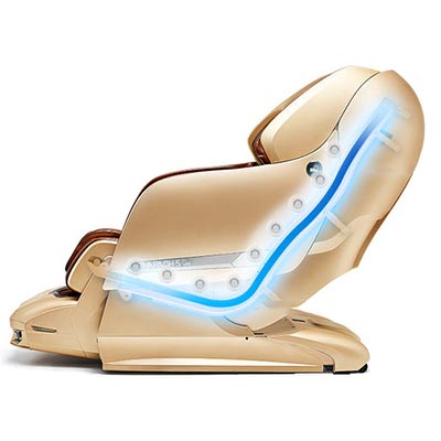 Pharaoh S II massage chair with an illustration of its SL track that starts at the neck and ends under the thighs