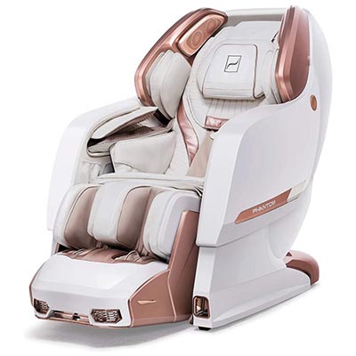 Bodyfriend Phantom II Massage Chair with white outer shell and white synthetic leather plus rose gold highlights along edges