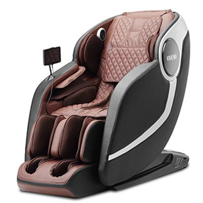 Arete Massage Chair with dark brown faux leather upholstery, black and silver exterior, and a touchscreen mounted to one arm