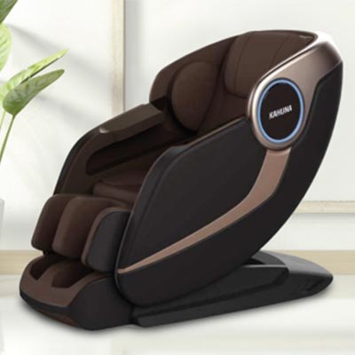 EM-Arete Massage Chair with dark brown faux leather upholstery and black and bronze exterior in a room with beige walls