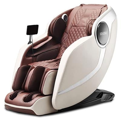 EM-Arete Massage Chair with dark brown faux leather upholstery, ivory exterior, and a touchscreen mounted to one arm