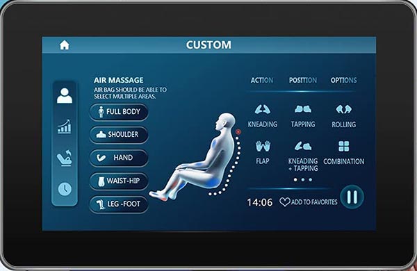 EM-Arete Massage Chair's 7-inch touchscreen showing the massage techniques and air massage body regions