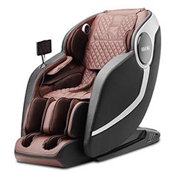 Arete Massage Chair with dark brown faux leather upholstery, black and silver exterior, and black base