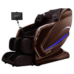 Kahuna HM Kappa with chocolate brown faux leather upholstery, brown exterior, and a touchscreen mounted to one arm