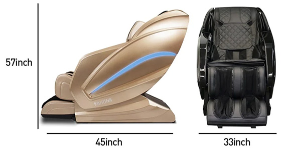 Kahuna Kappa Massage Chair gold and black variants and the chair's dimensions when sitting upright