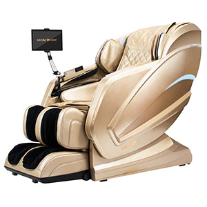 Kahuna HM Kappa with gold faux leather upholstery and exterior, a touchscreen mounted to one arm, and LED lights on the side