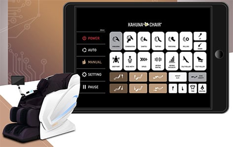 Kahuna Kappa Massage Chair black and white variant and its tablet, with the chair's functions on the screen