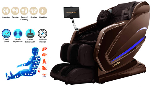 Kahuna Kappa Massage Chair brown variant and an illustration of the chair's massage techniques and adjustment settings