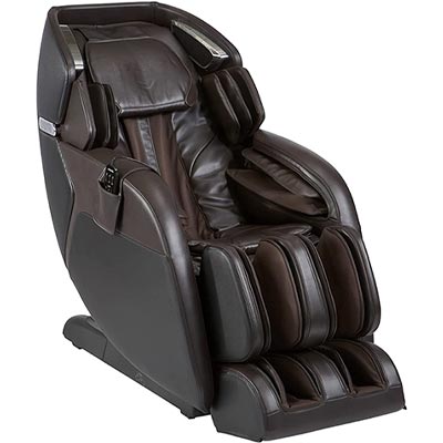 Kyota M673 with dark brown PU upholstery, brown and black exterior, and pouch for the remote on one arm