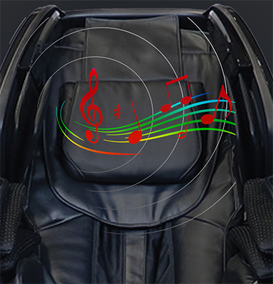 Kyota M868 Yosei 4D Massage Chair black variant and music symbols in red like g-clef, sharp, and quarter note