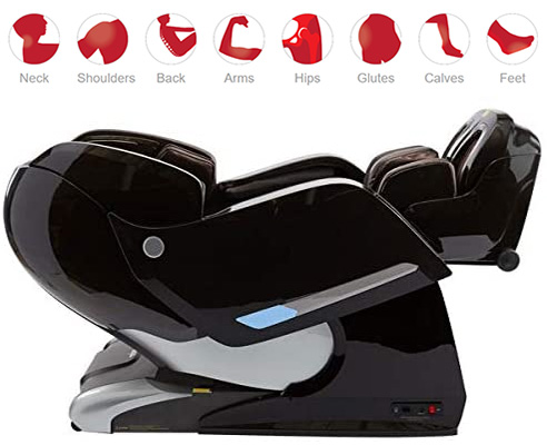 M868 Yosei Massage Chair black variant in zero gravity recline and an illustration of the body regions the rollers massage