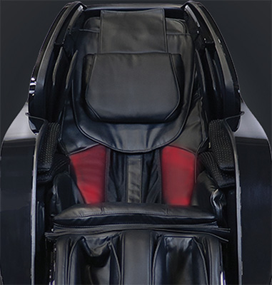 Kyota M868 Yosei 4D Massage Chair black variant and an illustration of the heating system in the lumbar region