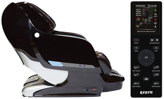 Kyota M868 Yosei 4D Massage Chair black variant and its remote with a small LCD screen and buttons