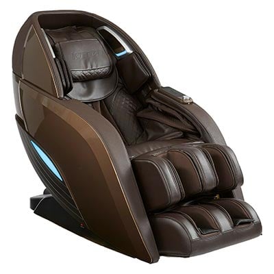 Kyota Yutaka M898 with dark brown faux leather upholstery, brown hard shell exterior, and blue mood lights