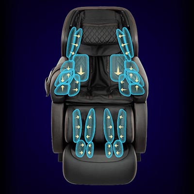 Osaki Paragon 4D dark gray variant and an illustration of the airbags located at the shoulders, arms, waist, calves, and feet