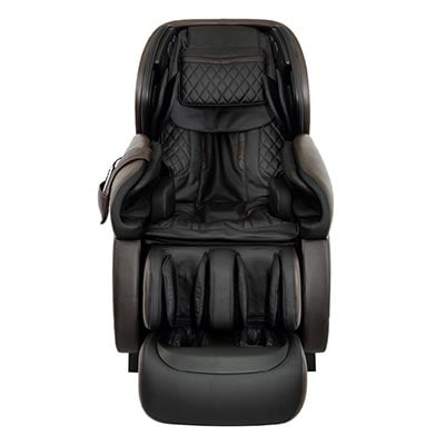Osaki Paragon 4D with black faux leather upholstery, dark gray exterior, and a pouch for the wired remote on one arm