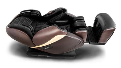 Osaki Paragon Massage Chair brown variant and in zero gravity recline with the leg ports elevated slightly above the heart