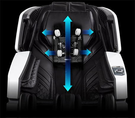 Summit Flex black variant and an illustration of its massage rollers and arrows pointing up and down, left and right