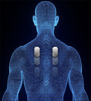 An illustration of the human body and the body scanning tech that helps the rollers focus on the pressure points