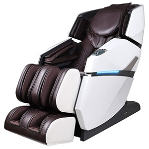 Osaki Titan Summit Flex with chocolate brown PU upholstery, matte white hard shell exterior, and baby blue mood lighting
